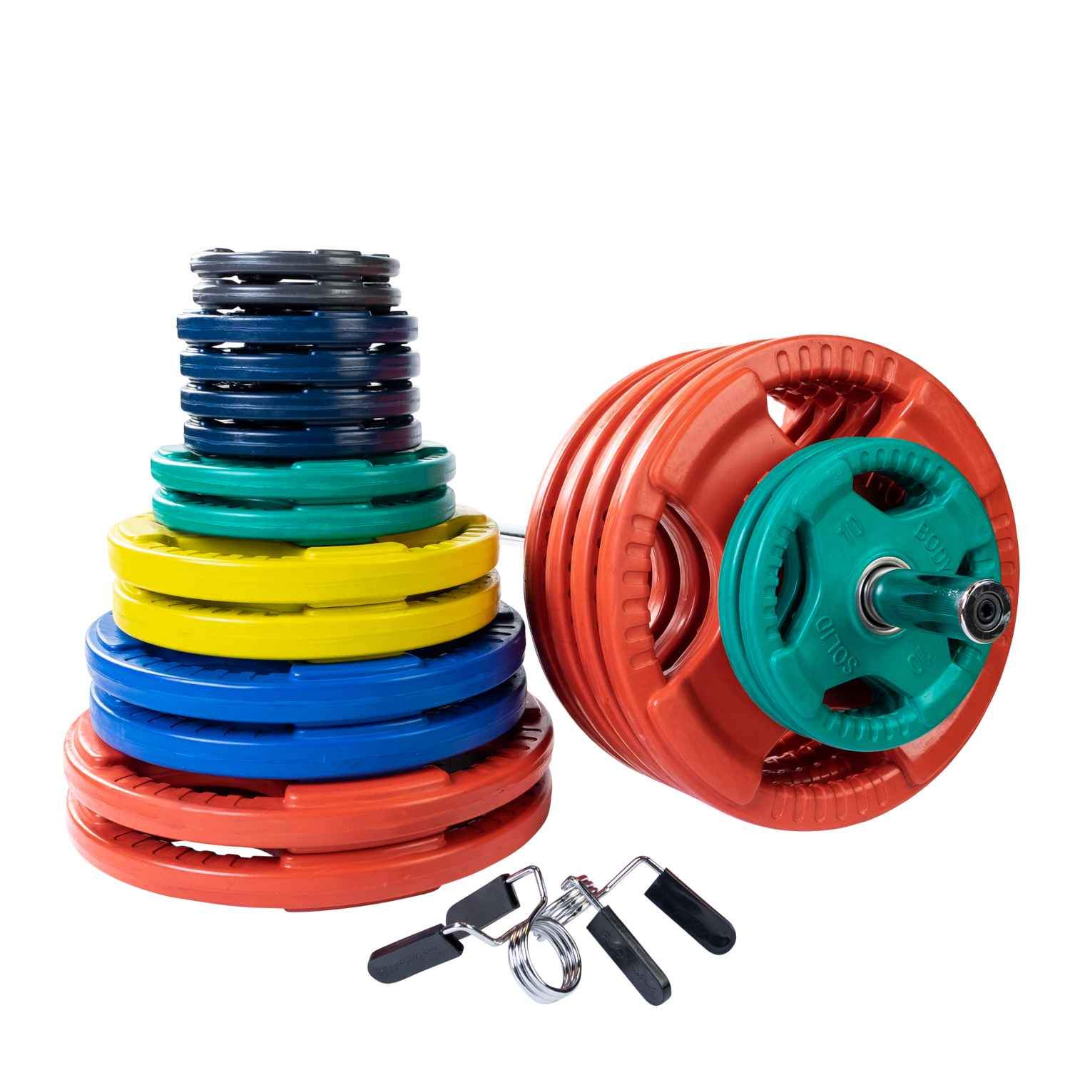 Body-Solid Colored Rubber Olympic Grip Plate Set With Chrome Bar and Collar plate Body-Solid Iron 500 lb 